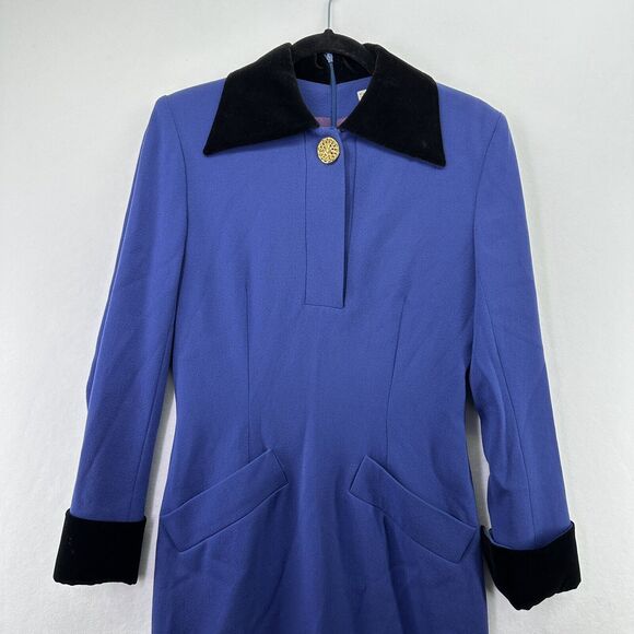 Vintage CELINE PARIS Wool Velvet Collar Cuffs Dress Purple Long Sleeves Sz 38 - Picture 2 of 16